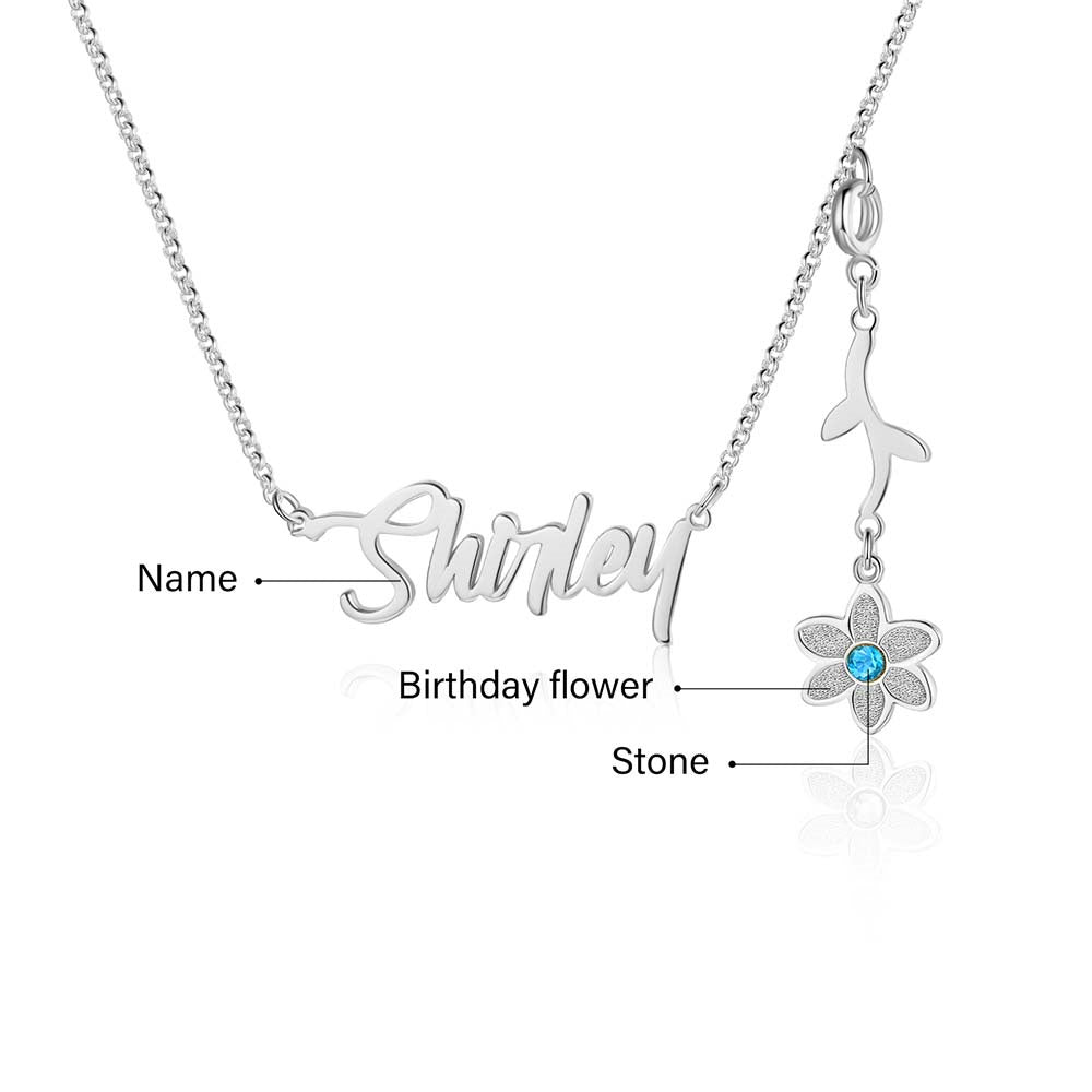 Cutout name necklace with birthflower design, gold, white gold, or rose gold plated, copper, 45+5cm, 4.5g.