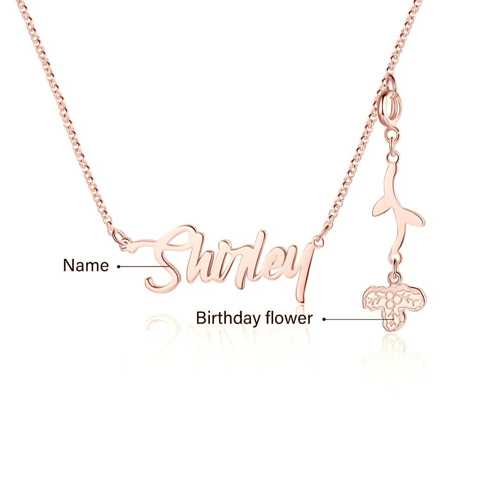 Cutout name necklace with birthflower design, gold, white gold, or rose gold plated, copper, 45+5cm, 4.5g.