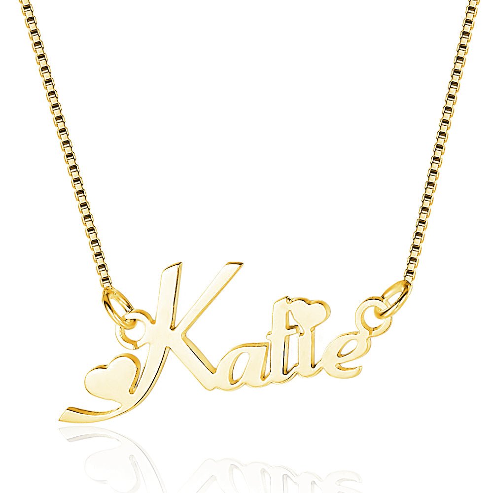Cutout name necklace, sterling silver heart pendant, white gold, gold, or rose gold plated, 45cm, 4g