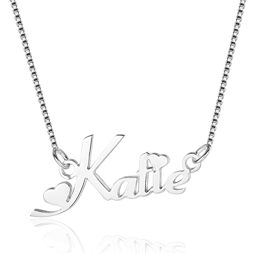 Cutout name necklace, sterling silver heart pendant, white gold, gold, or rose gold plated, 45cm, 4g