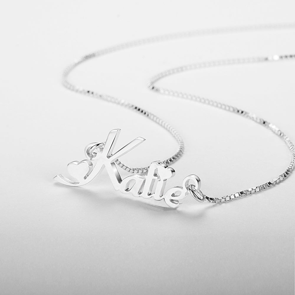 Cutout name necklace, sterling silver heart pendant, white gold, gold, or rose gold plated, 45cm, 4g