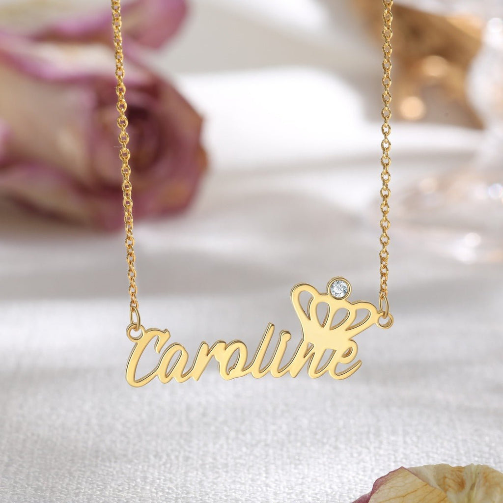 Cutout Name Necklace With Birthstone & Crown, Personalised Cutout Name Pendant, Birthday Gift - Engraved Memories