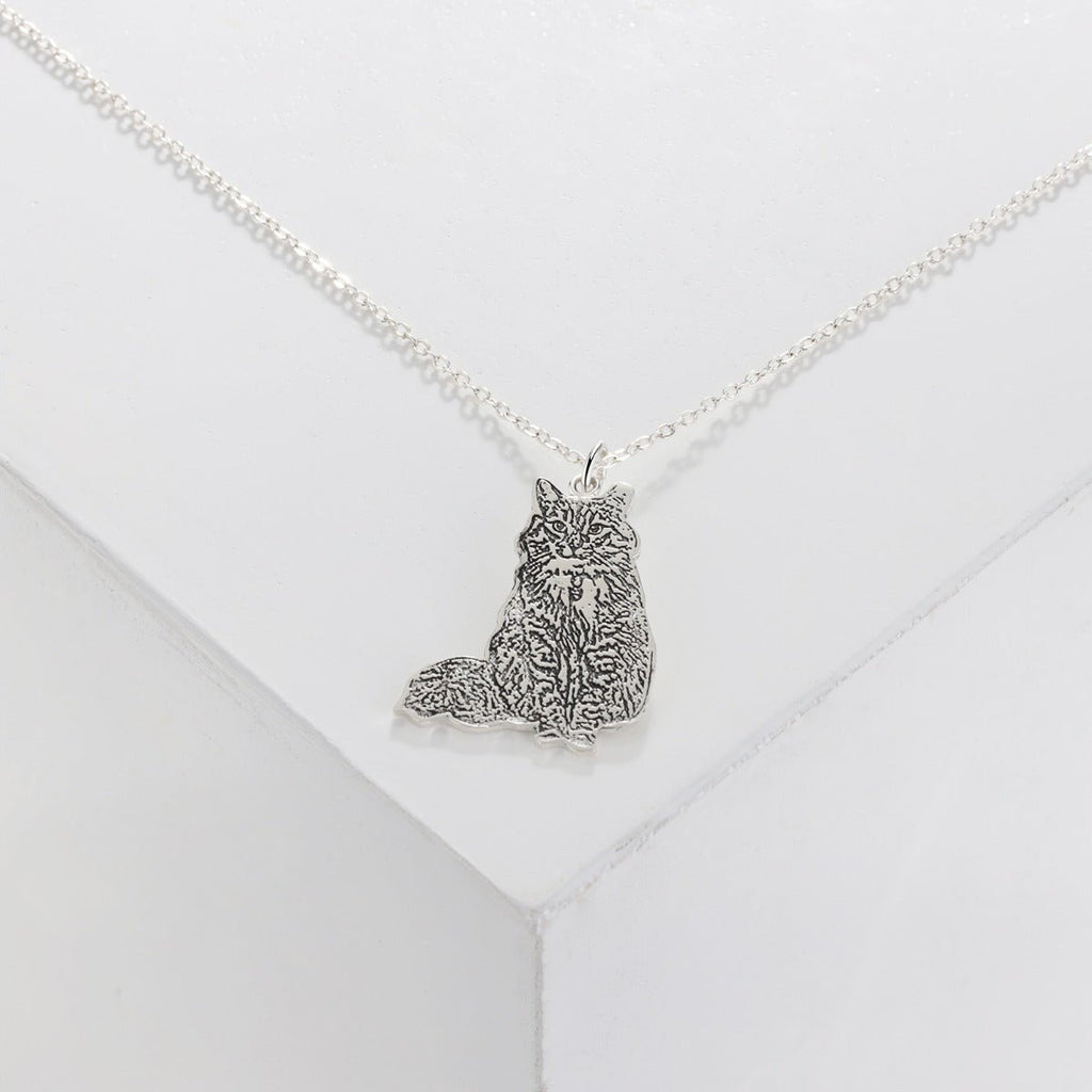 Cutout pet portrait necklace, sterling silver engraved pendant, white gold, gold, or rose gold plated, 16-22 inch, 4g