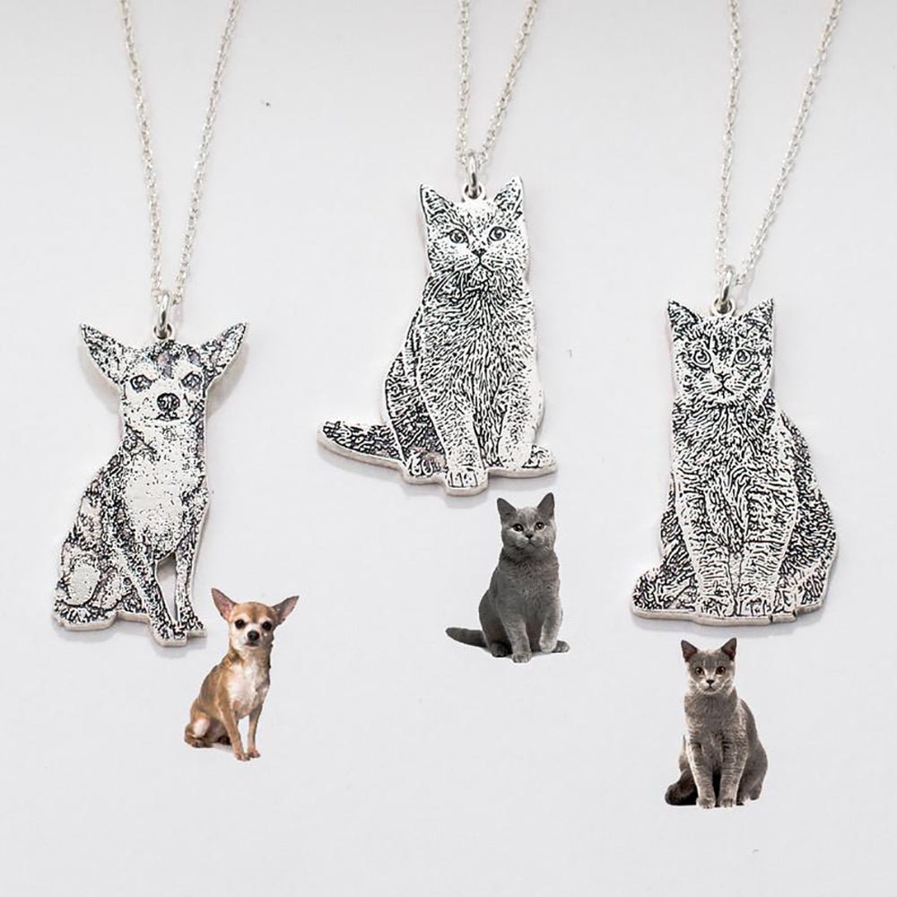 Cutout pet portrait necklace, sterling silver engraved pendant, white gold, gold, or rose gold plated, 16-22 inch, 4g