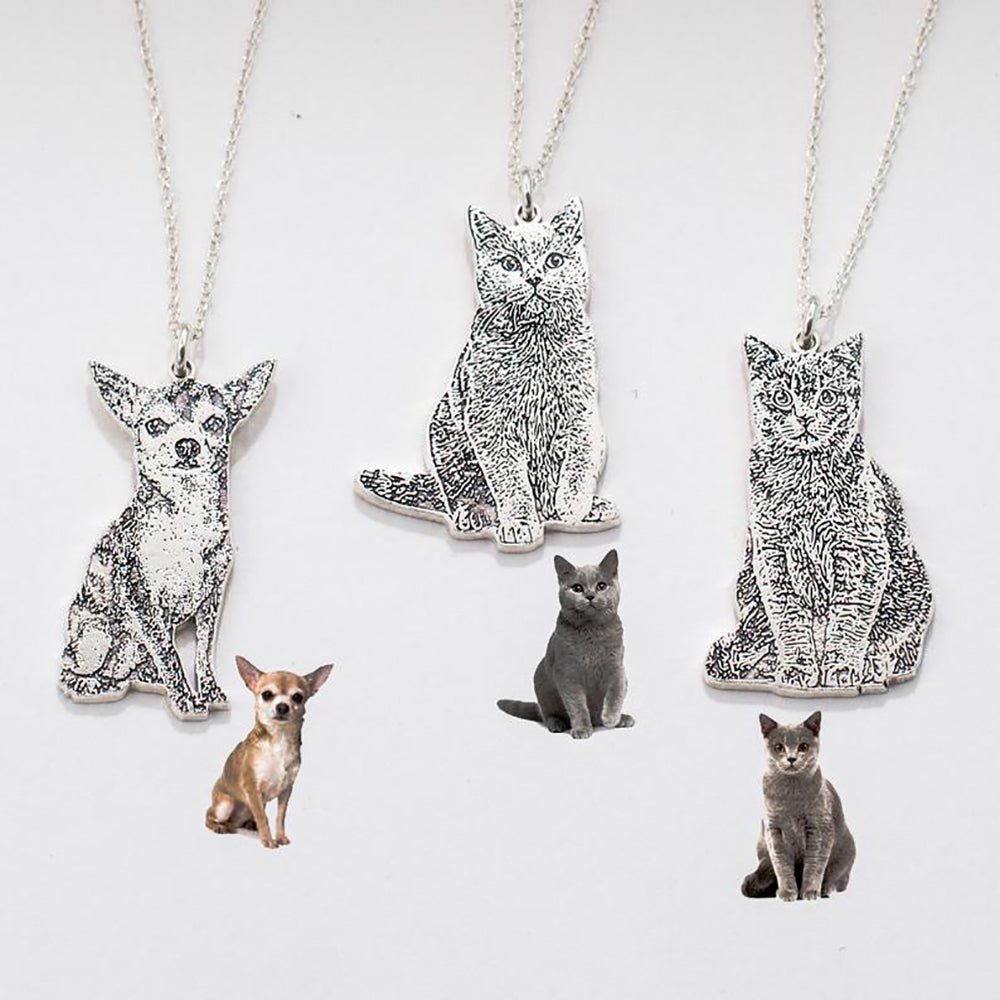 Cutout Pet Portrait Necklace, Sterling Silver Engraved Pet Pendant Chain - Engraved Memories