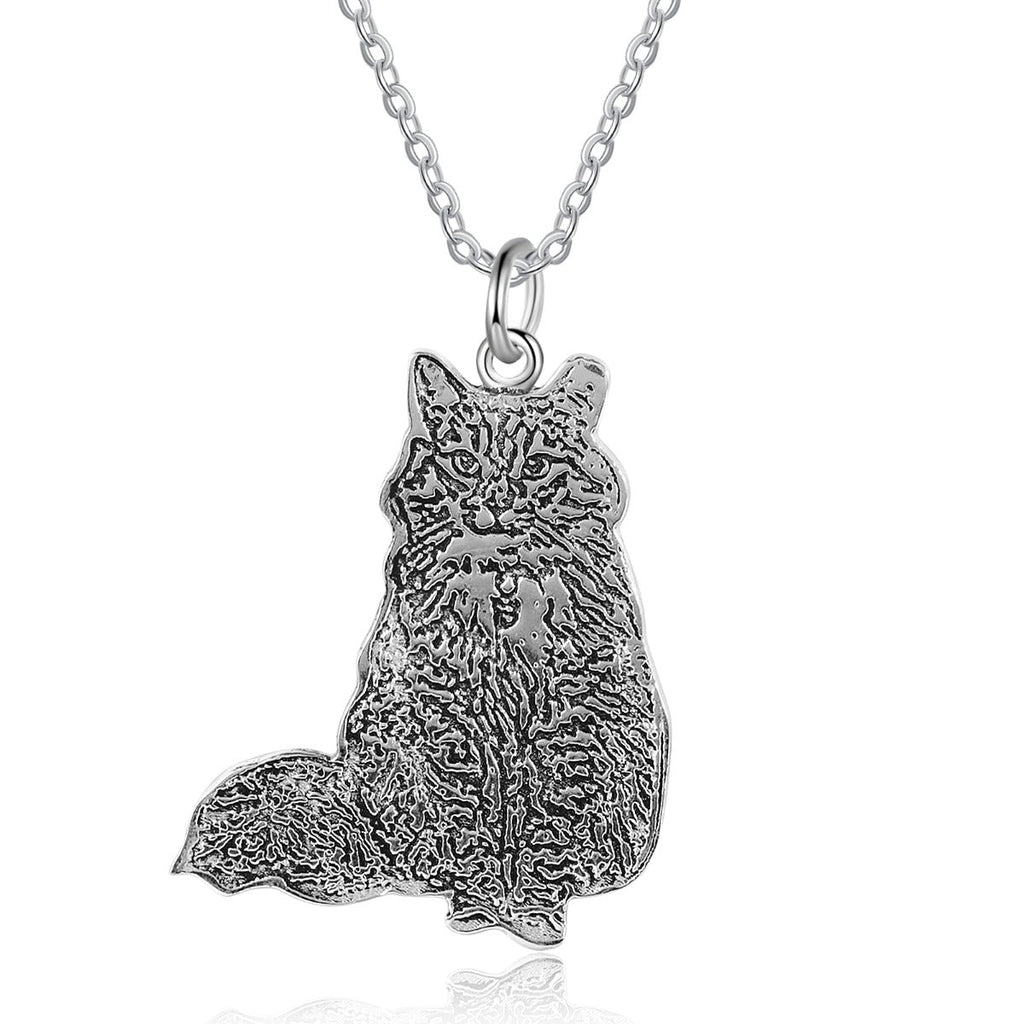 Cutout pet portrait necklace, sterling silver engraved pendant, white gold, gold, or rose gold plated, 16-22 inch, 4g