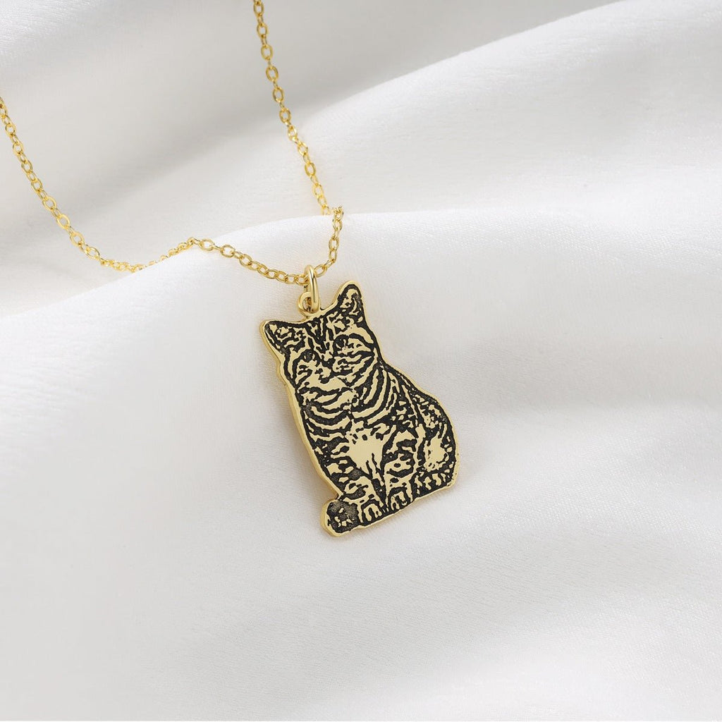 Cutout pet portrait necklace, sterling silver engraved pendant, white gold, gold, or rose gold plated, 16-22 inch, 4g