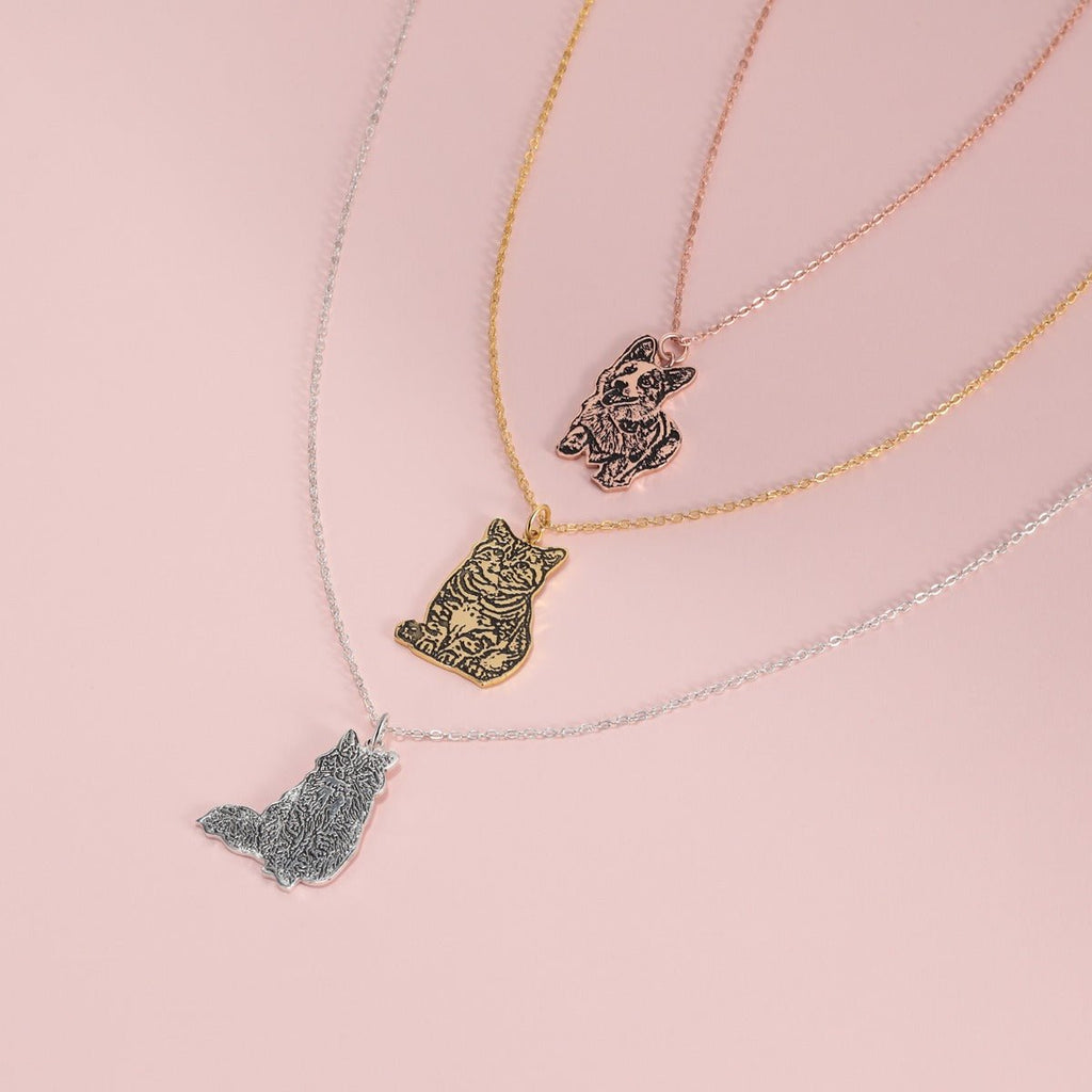 Cutout pet portrait necklace, sterling silver engraved pendant, white gold, gold, or rose gold plated, 16-22 inch, 4g