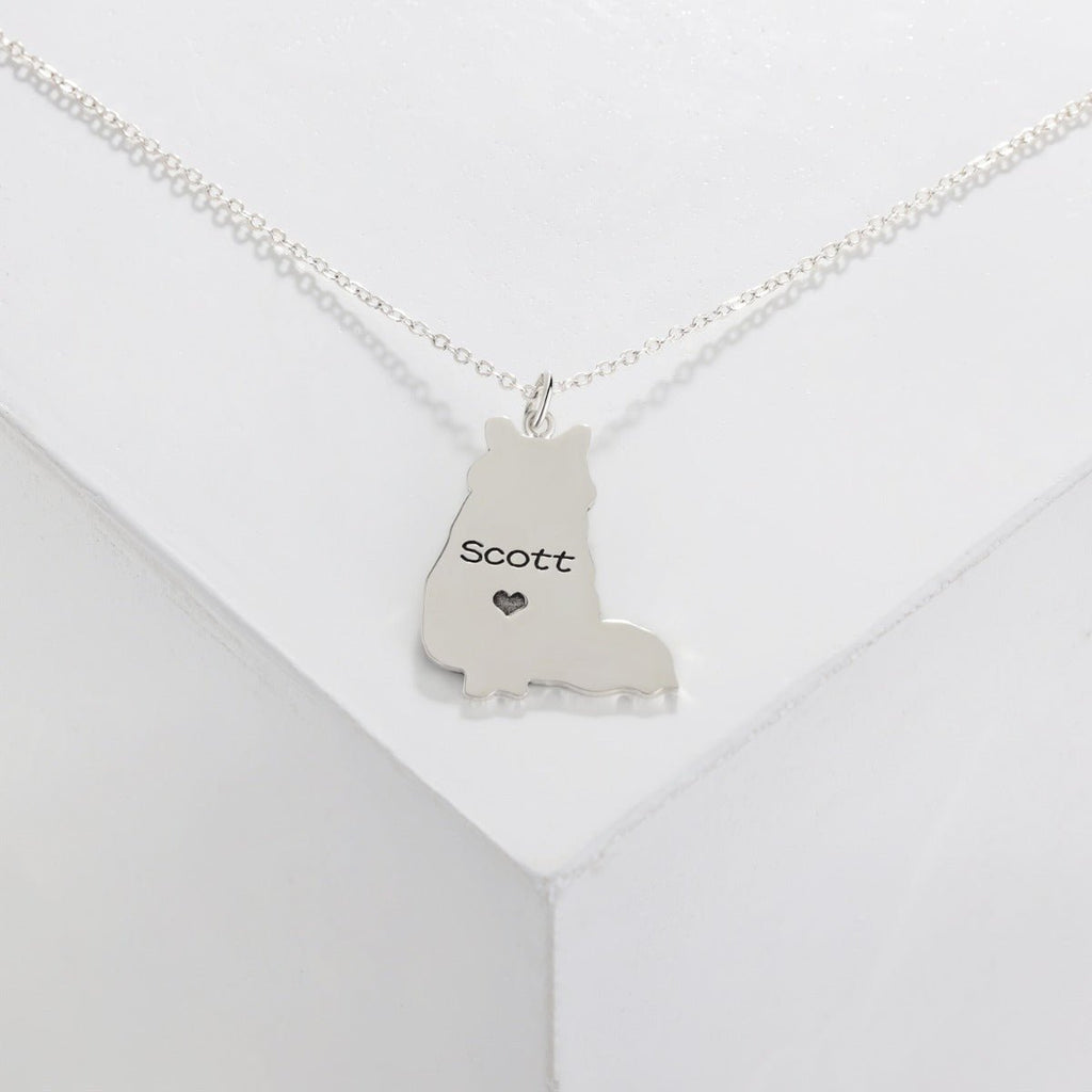 Cutout pet portrait necklace, sterling silver engraved pendant, white gold, gold, or rose gold plated, 16-22 inch, 4g