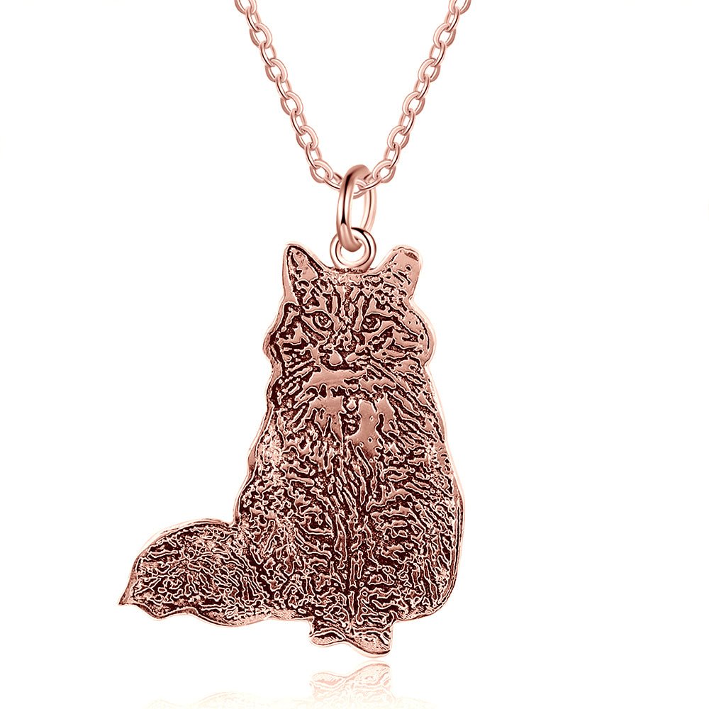 Cutout pet portrait necklace, sterling silver engraved pendant, white gold, gold, or rose gold plated, 16-22 inch, 4g