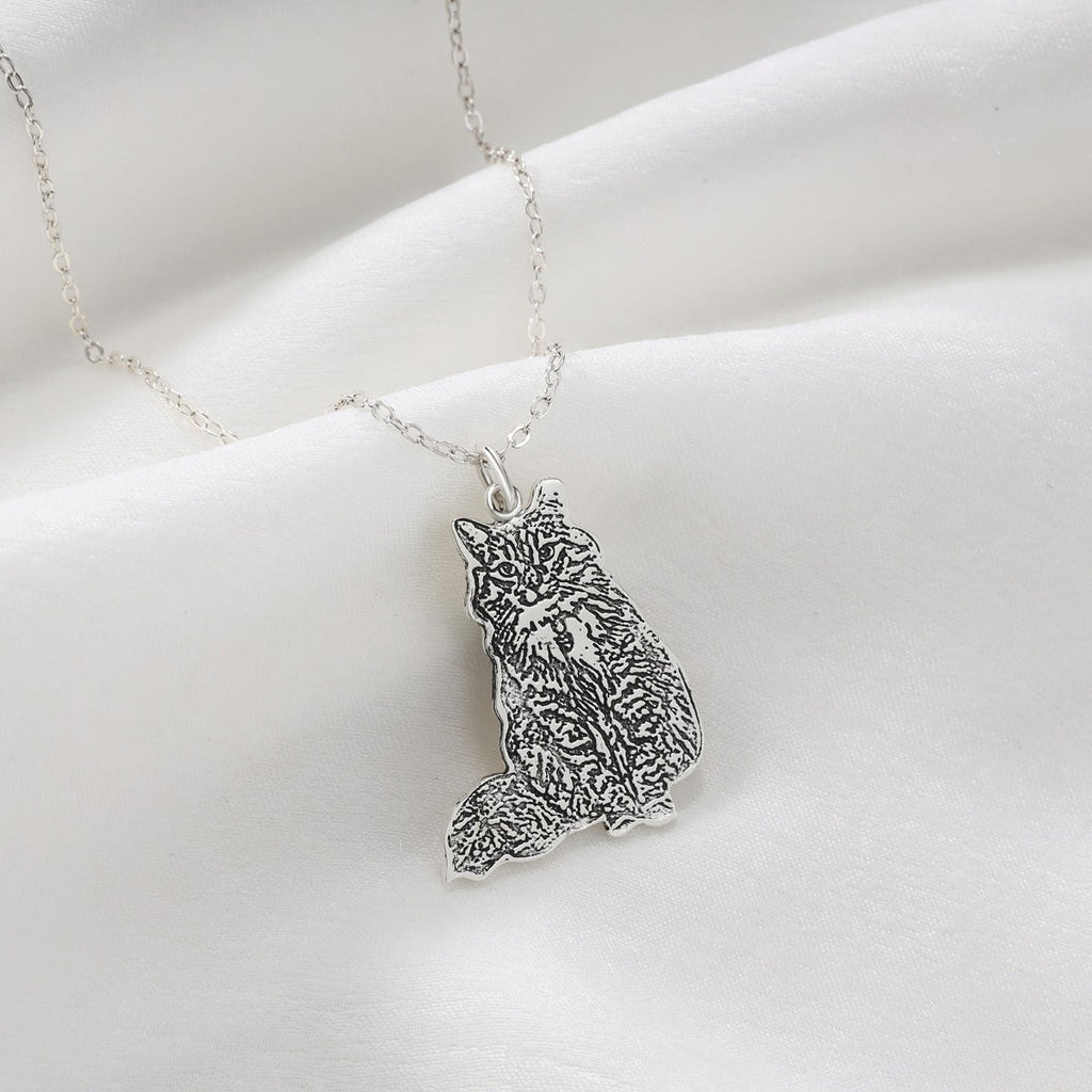 Cutout pet portrait necklace, sterling silver engraved pendant, white gold, gold, or rose gold plated, 16-22 inch, 4g
