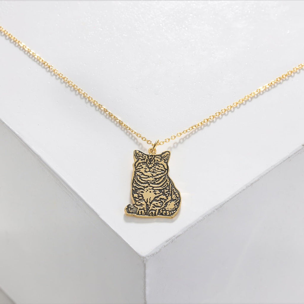 Cutout pet portrait necklace, sterling silver engraved pendant, white gold, gold, or rose gold plated, 16-22 inch, 4g