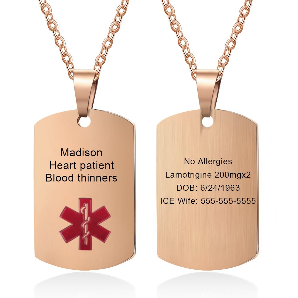 Dog Tag Medical Necklace - Stainless Steel Medical Alert Necklace, Personalised Dog Tag Medical ID Pendant with Chain - Engraved Memories