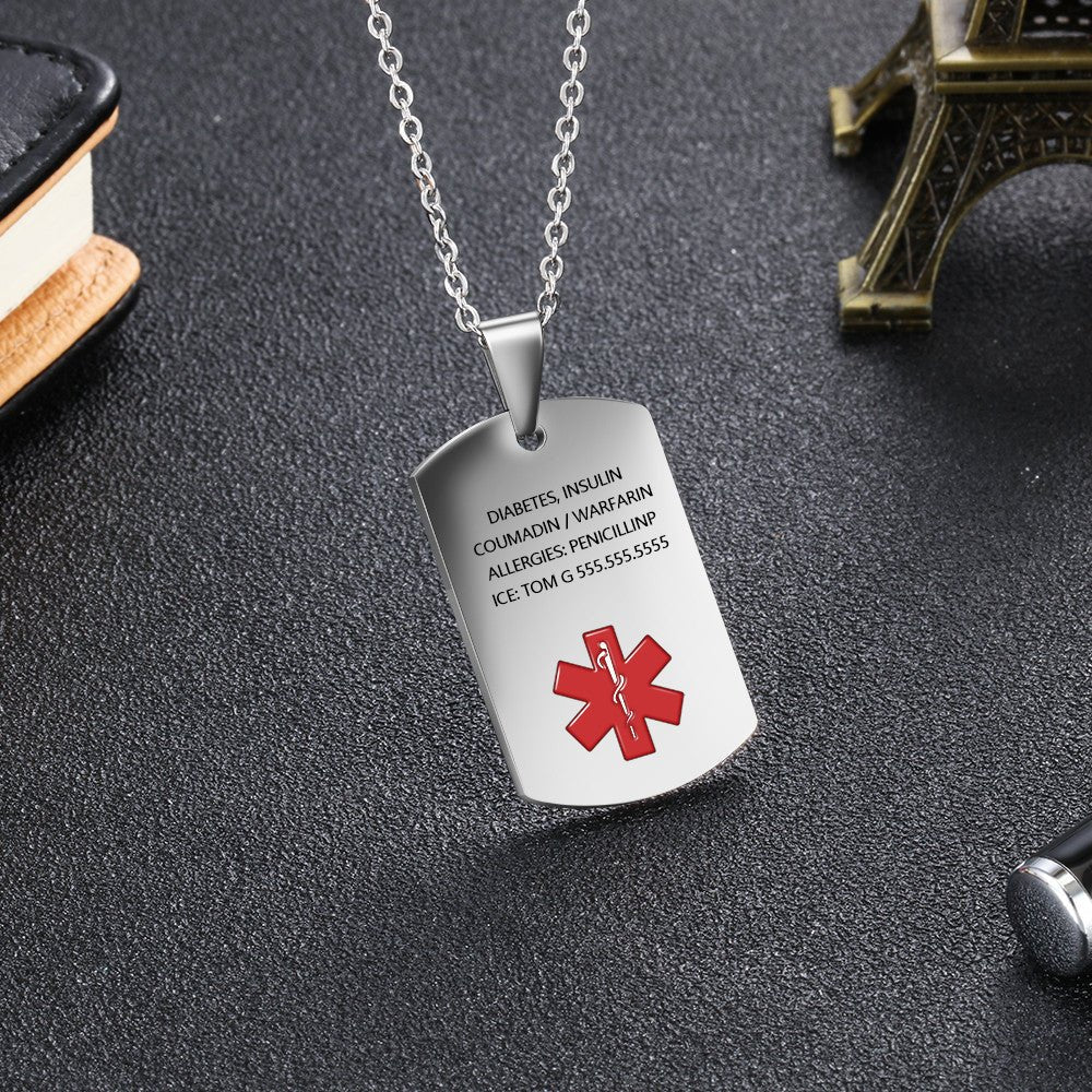 Dog Tag Medical Necklace - Stainless Steel Medical Alert Necklace, Personalised Dog Tag Medical ID Pendant with Chain - Engraved Memories