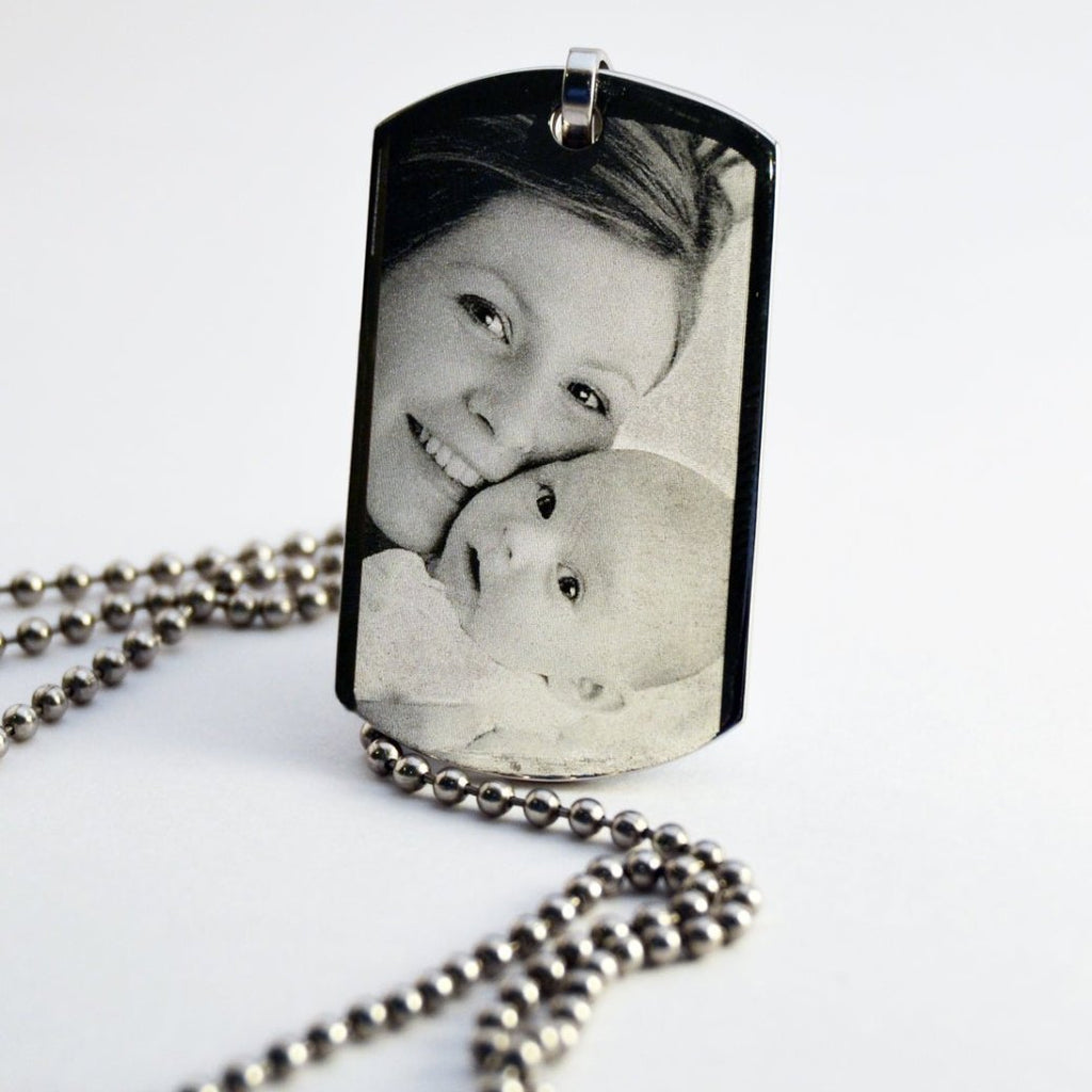 Personalized dog tag necklace, stainless steel, photo engraved, tarnish proof, 26mm x 45mm, includes ball chain.