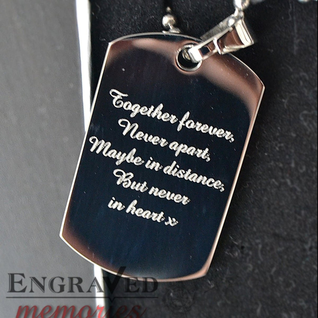 Personalized dog tag necklace, stainless steel, photo engraved, tarnish proof, 26mm x 45mm, includes ball chain.