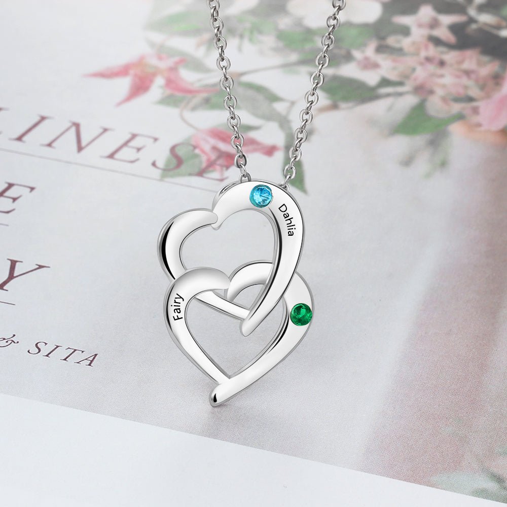 Double Heart Pedant Necklace, Personalised Sterling Silver 925 Engraved Names and Birthstones Necklace - Engraved Memories