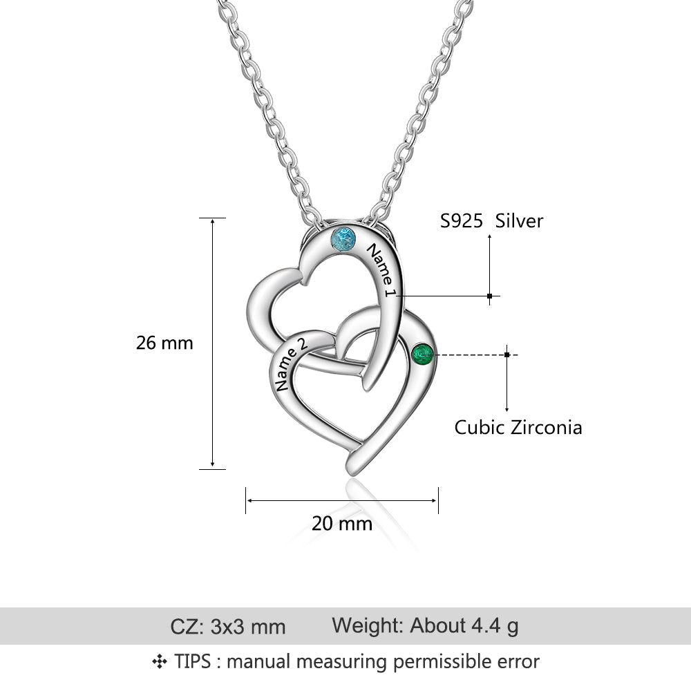 Double heart pendant necklace, personalized sterling silver 925, engraved names and birthstones, 45cm, 4.4g.
