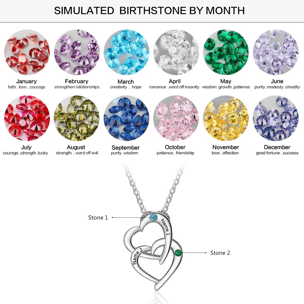 Double heart pendant necklace, personalized sterling silver 925, engraved names and birthstones, 45cm, 4.4g.