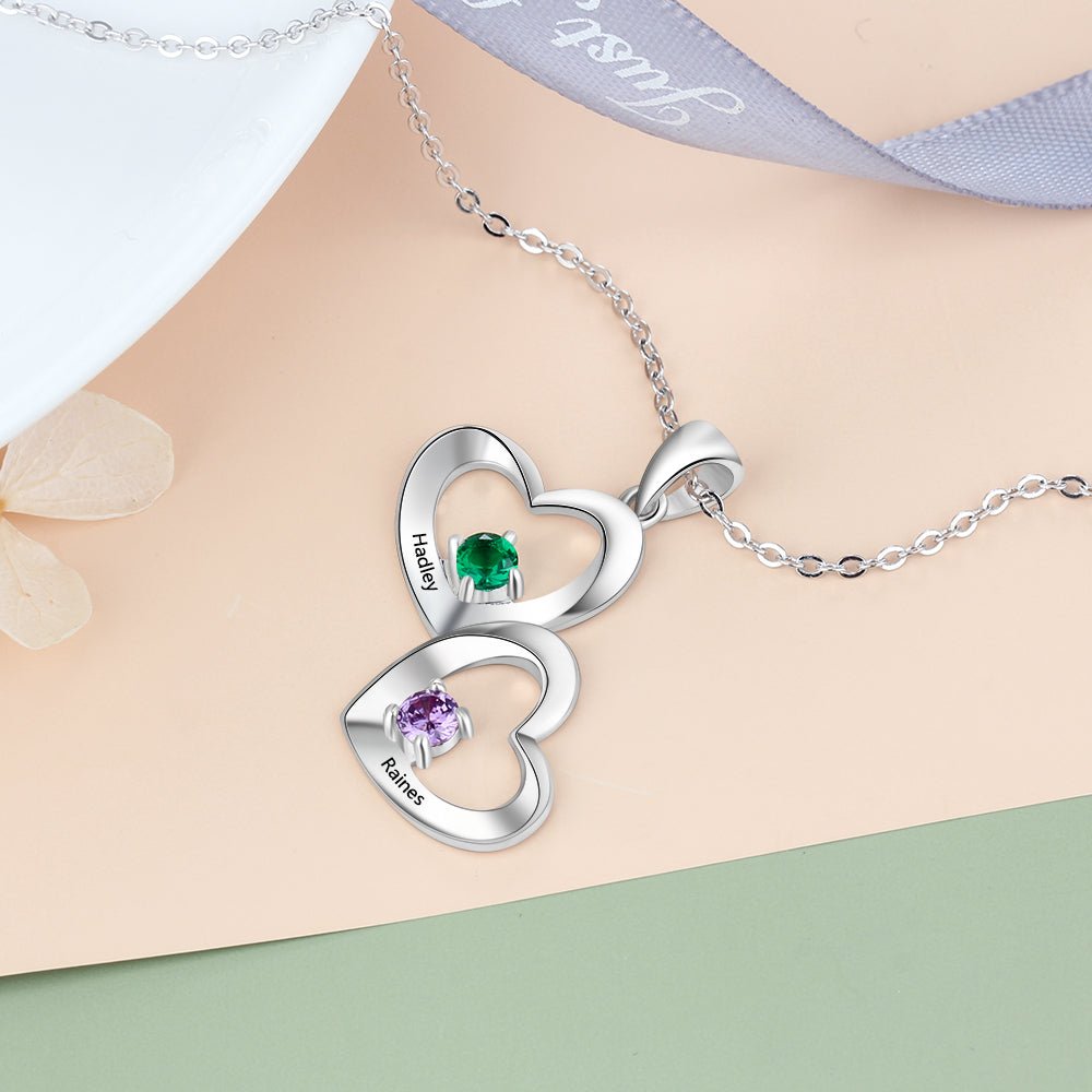 Double hearts pendant necklace, sterling silver 925, personalized name and two birthstones, 45cm, 7g.