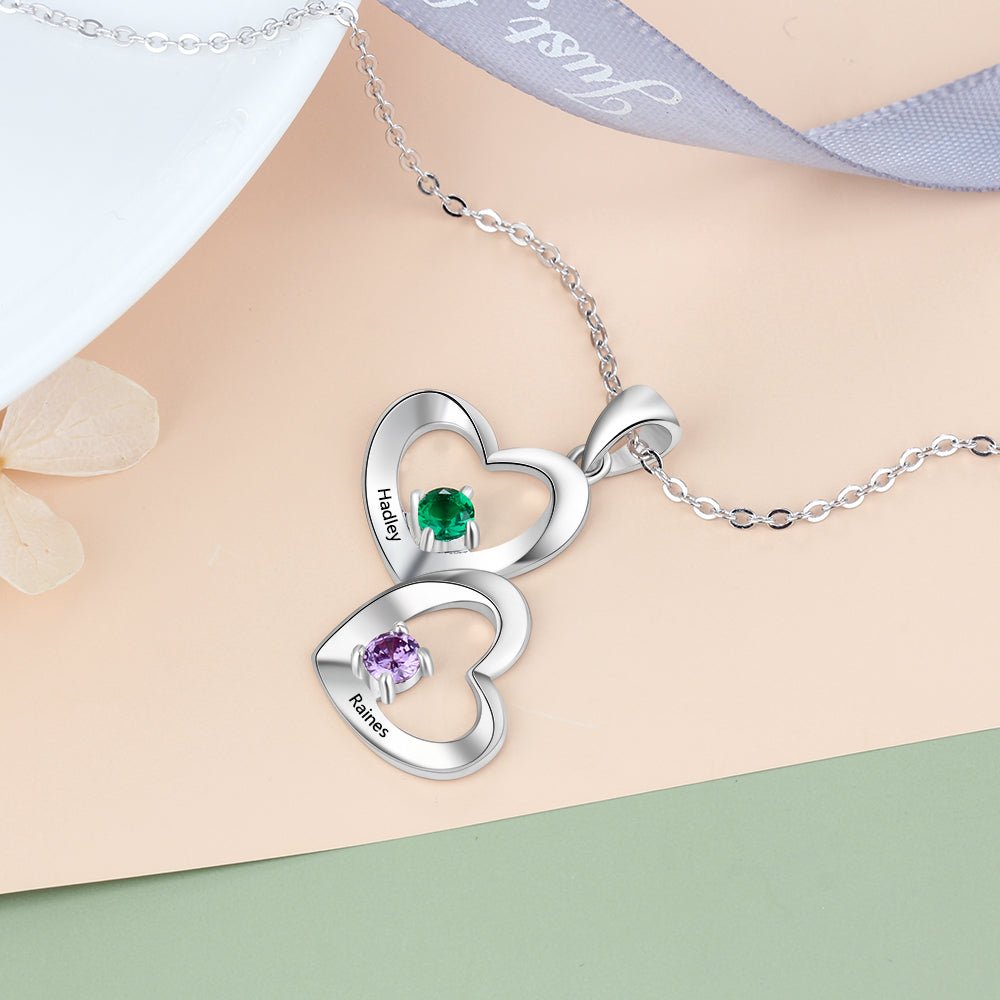 Double Hearts Pendant Necklace, Sterling Silver 925 Personalized Name with Two Birthstones Necklace - Engraved Memories
