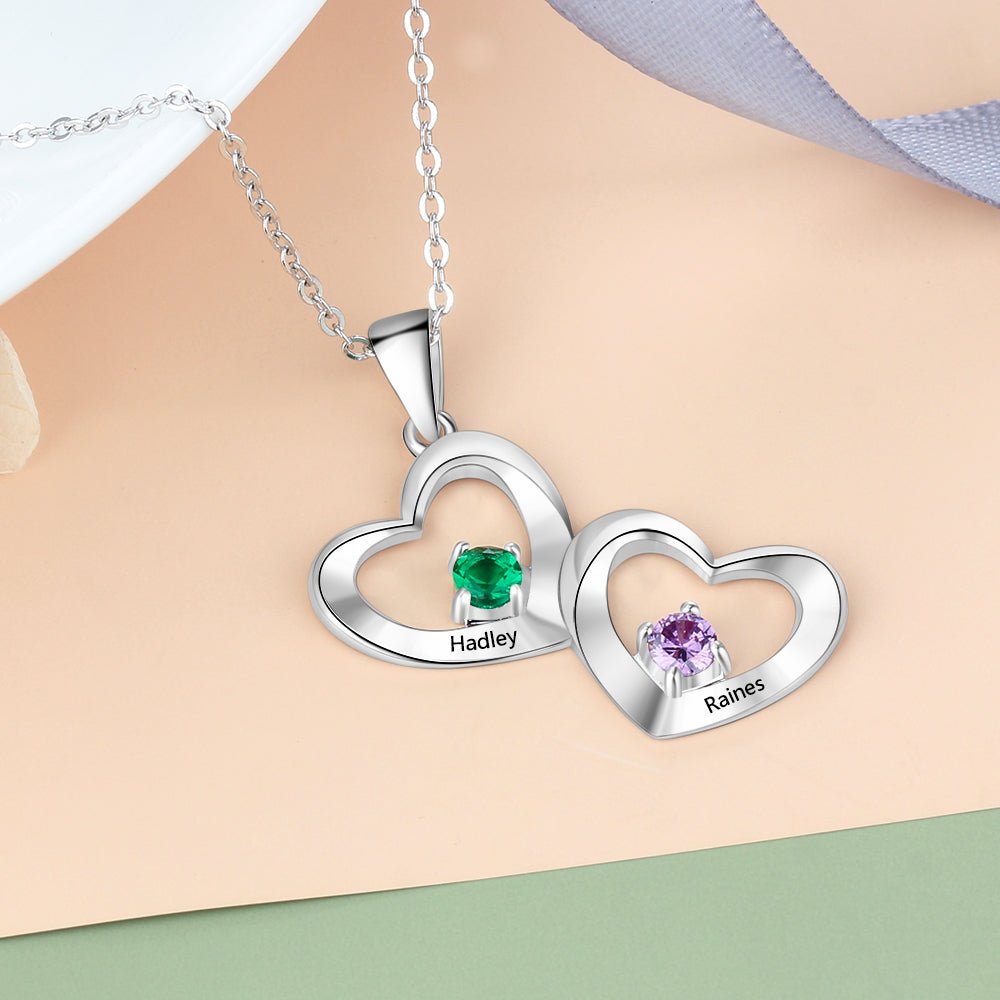 Double Hearts Pendant Necklace, Sterling Silver 925 Personalized Name with Two Birthstones Necklace - Engraved Memories