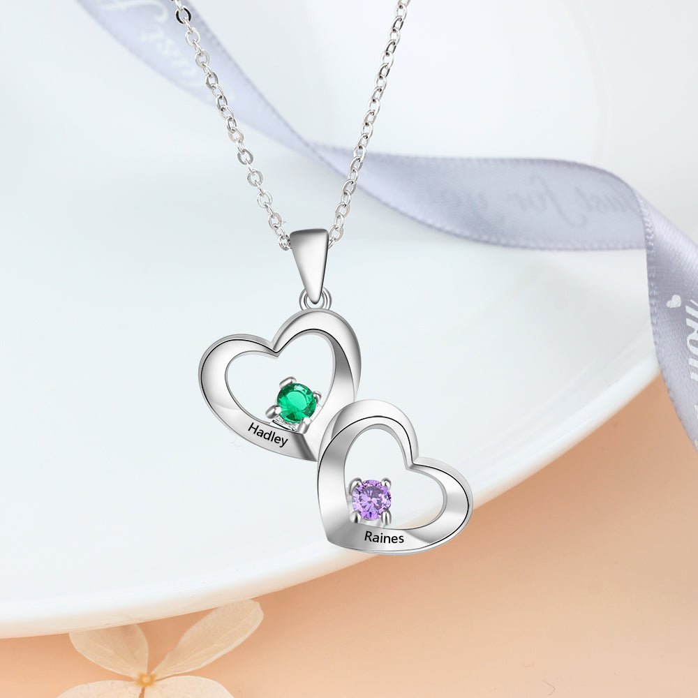Double Hearts Pendant Necklace, Sterling Silver 925 Personalized Name with Two Birthstones Necklace - Engraved Memories