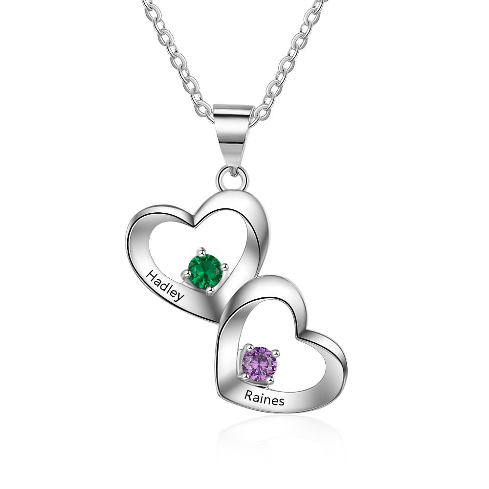 Double hearts pendant necklace, sterling silver 925, personalized name and two birthstones, 45cm, 7g.