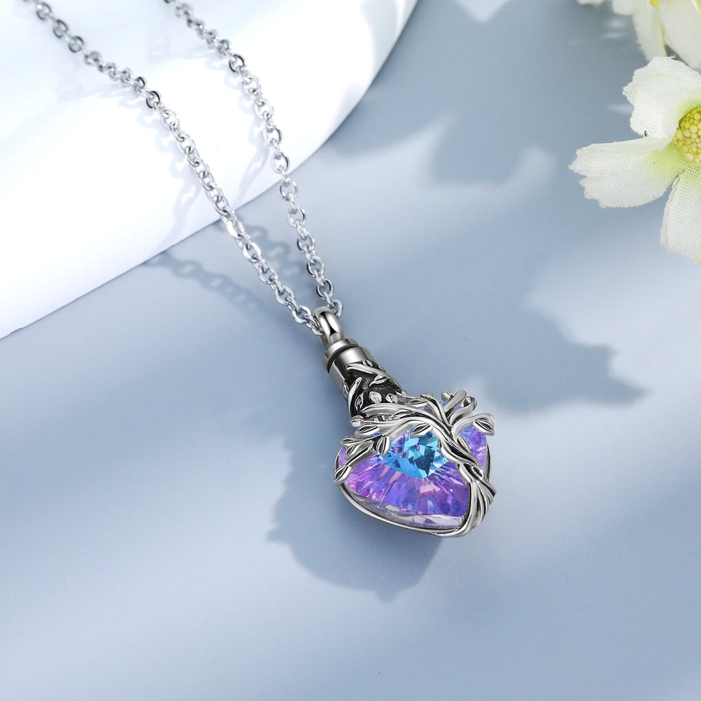 Elegant heart-shaped crystal ash necklace, stainless steel, 45+5cm chain, 9.1g, memorial cremation keepsake.