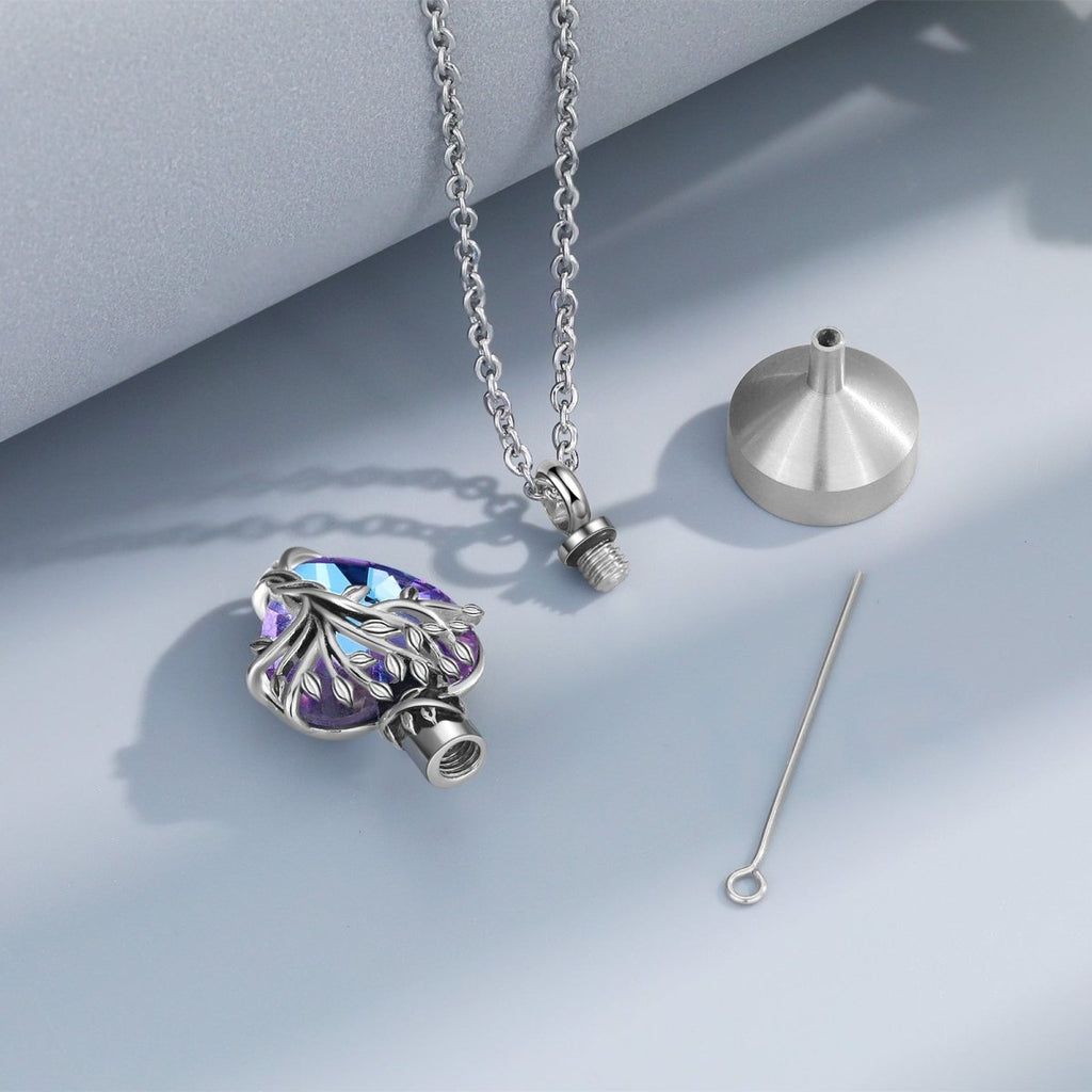 Elegant heart-shaped crystal ash necklace, stainless steel, 45+5cm chain, 9.1g, memorial cremation keepsake.