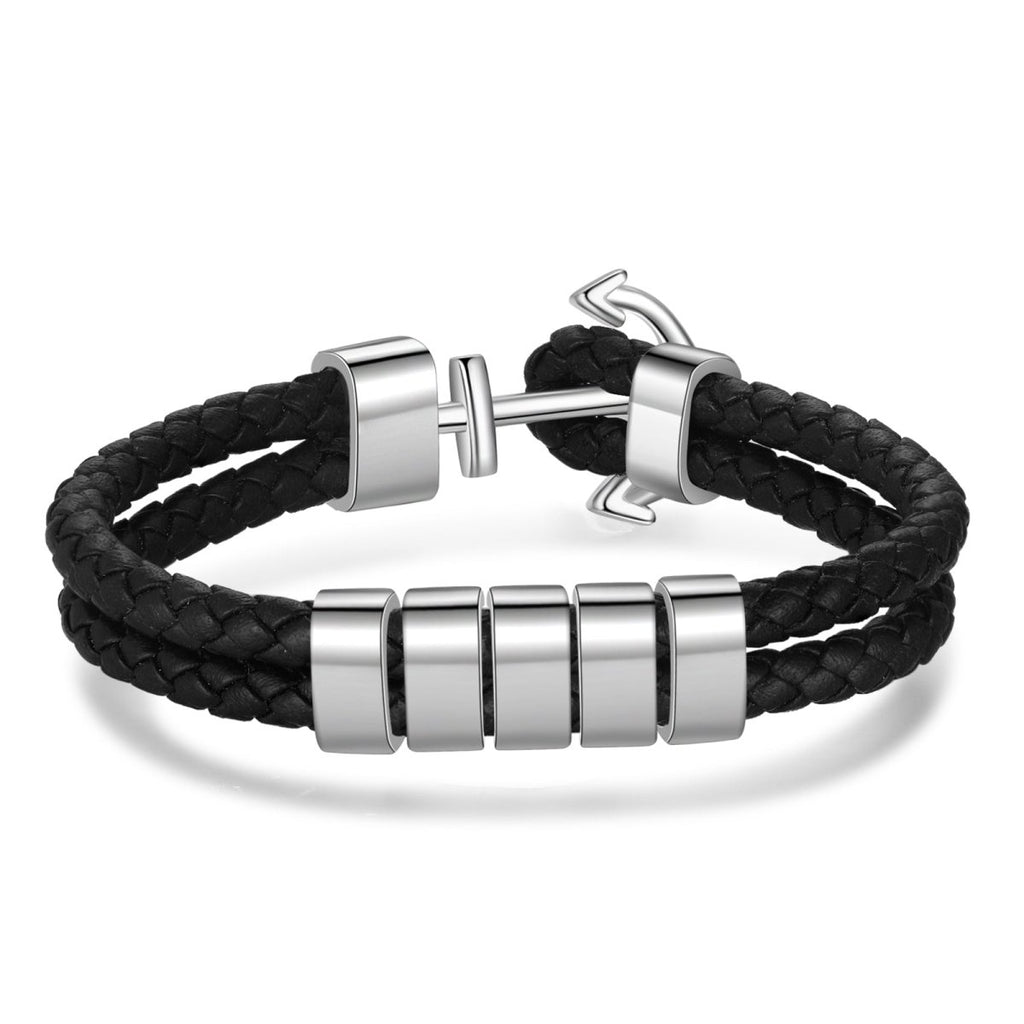 Engraved leather bracelet, personalized name tags, anchor clasp, stainless steel, 21cm, 23.6g, nautical gift for him.