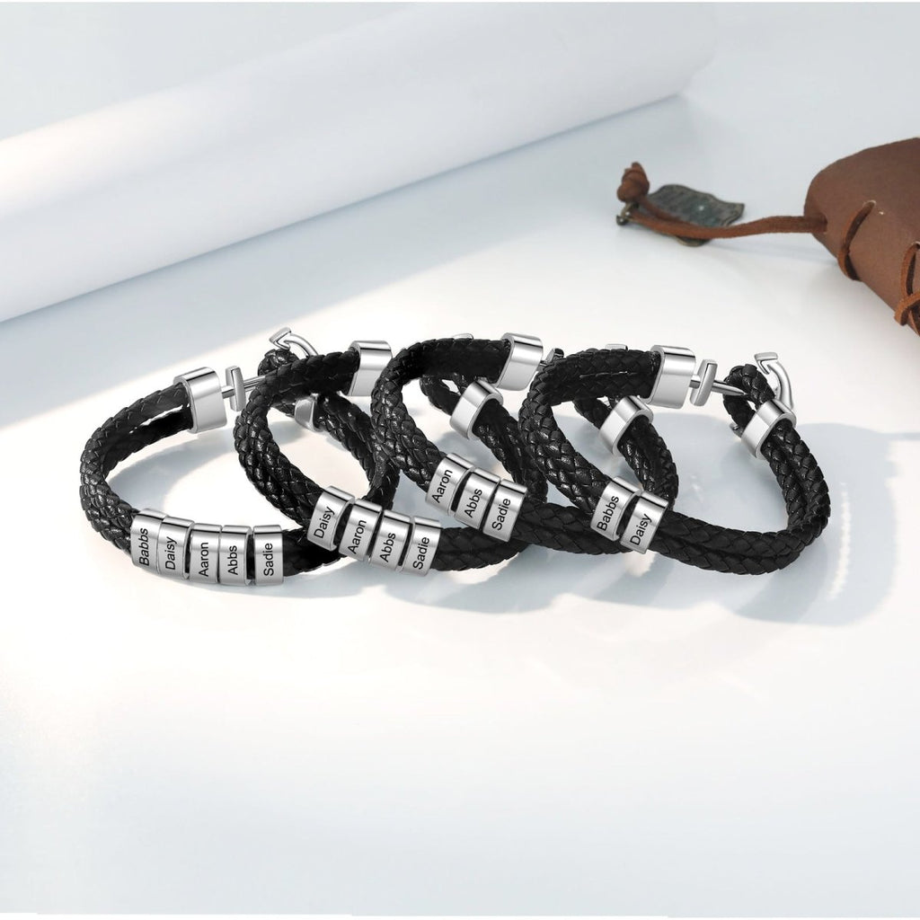 Engraved leather bracelet, personalized name tags, anchor clasp, stainless steel, 21cm, 23.6g, nautical gift for him.