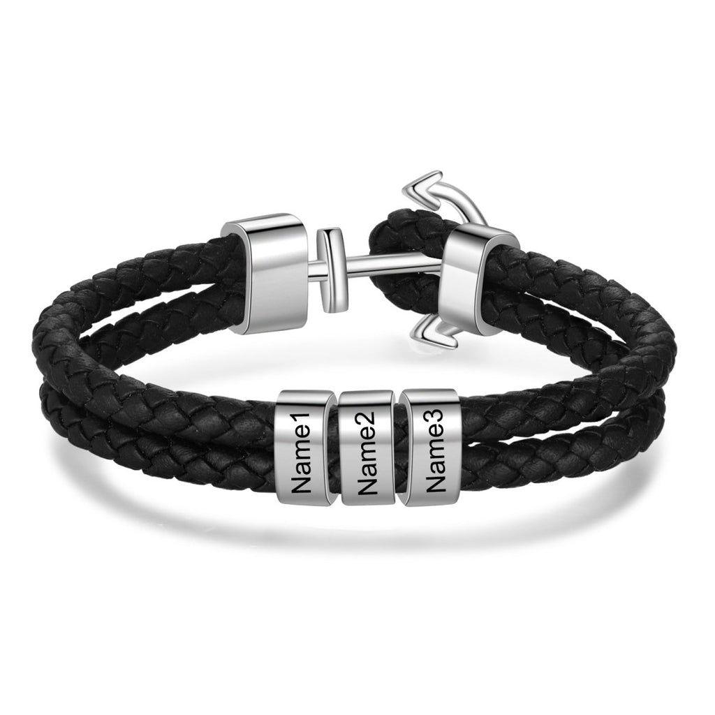 Engraved leather bracelet, personalized name tags, anchor clasp, stainless steel, 21cm, 23.6g, nautical gift for him.