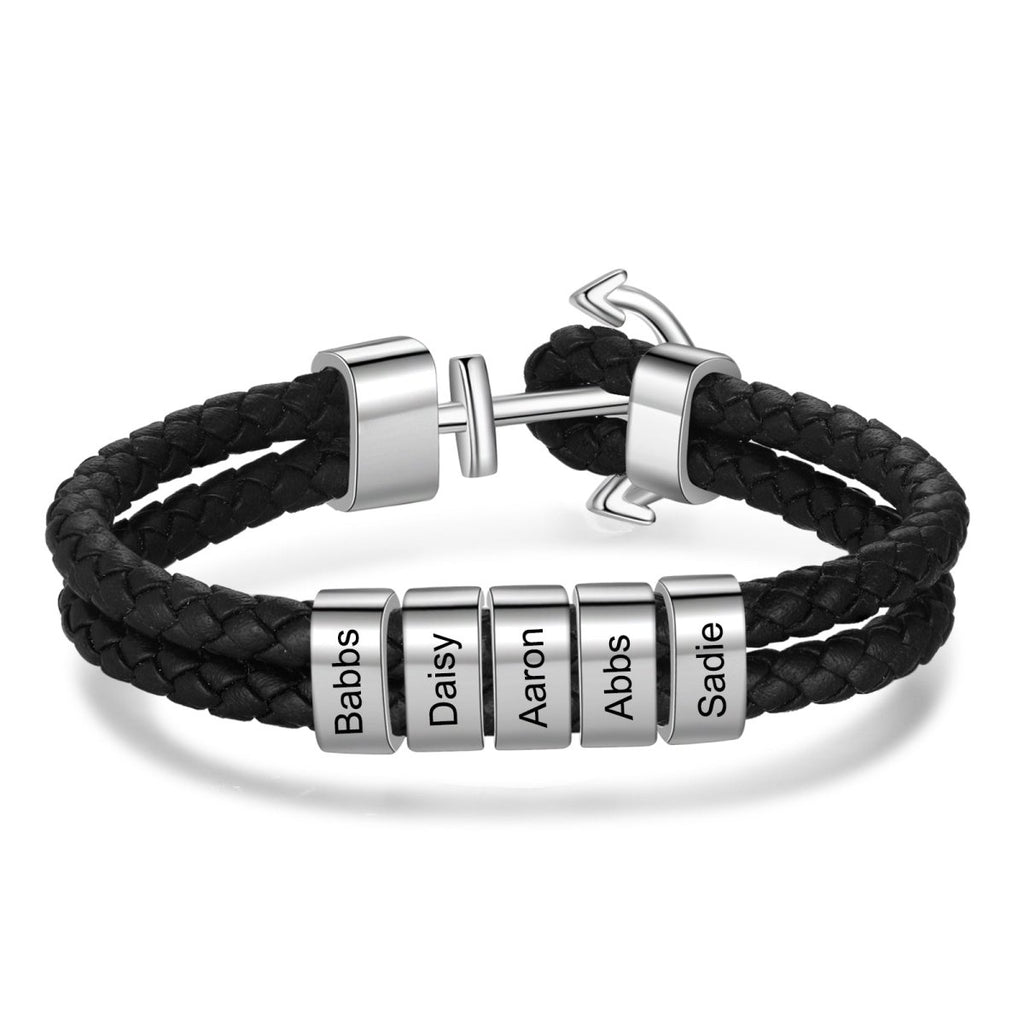 Engraved leather bracelet, personalized name tags, anchor clasp, stainless steel, 21cm, 23.6g, nautical gift for him.