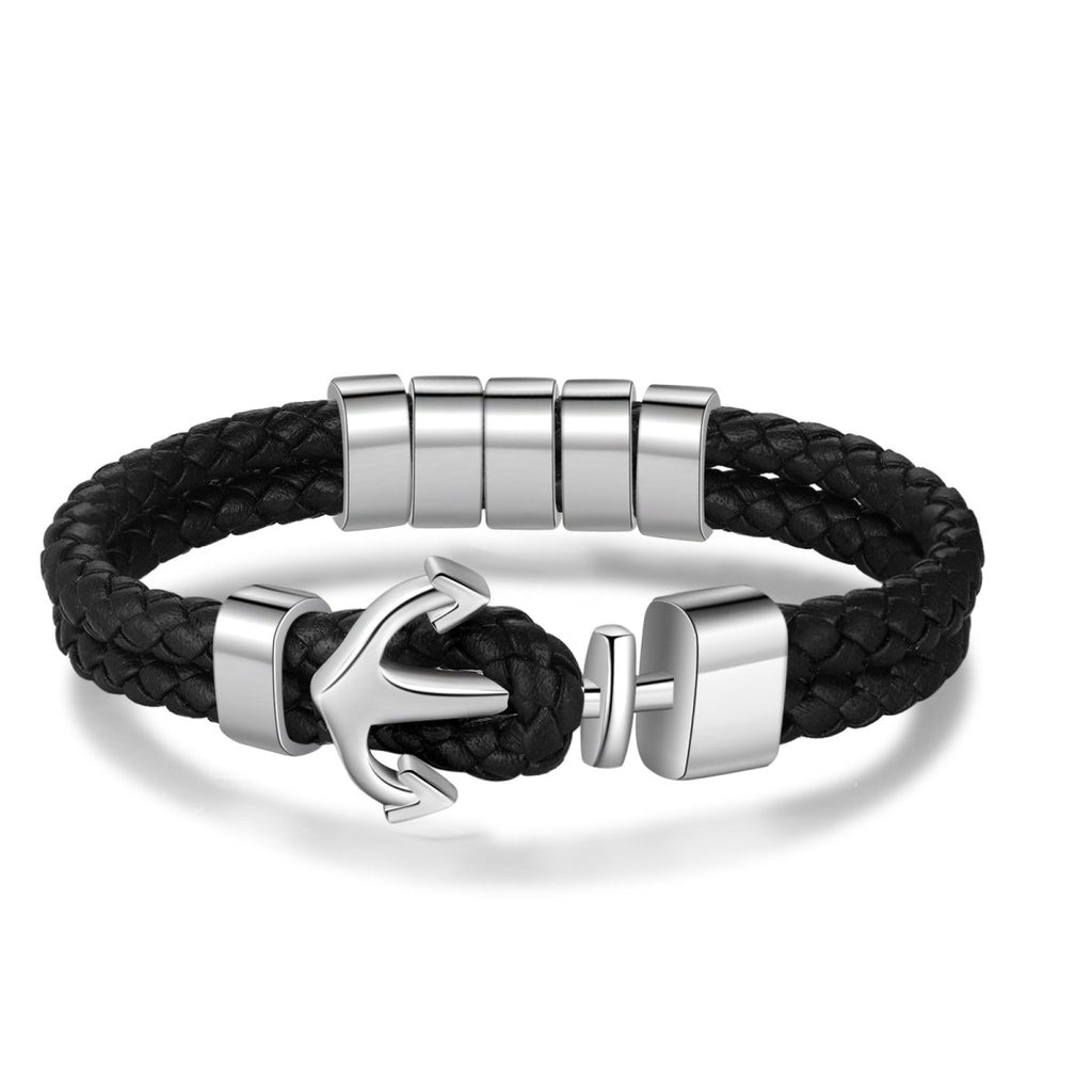 Engraved leather bracelet, personalized name tags, anchor clasp, stainless steel, 21cm, 23.6g, nautical gift for him.