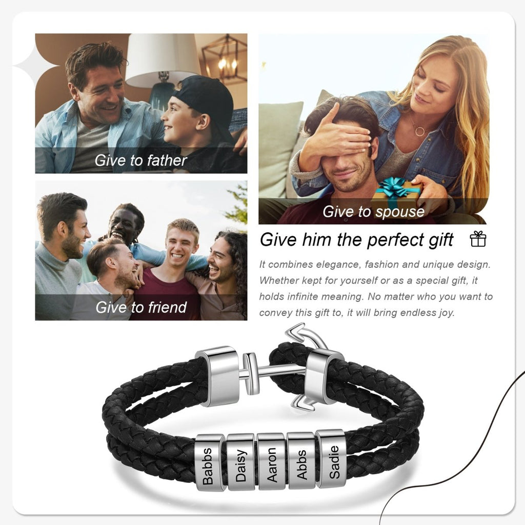 Engraved leather bracelet, personalized name tags, anchor clasp, stainless steel, 21cm, 23.6g, nautical gift for him.