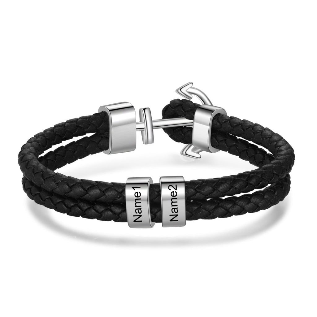 Engraved leather bracelet, personalized name tags, anchor clasp, stainless steel, 21cm, 23.6g, nautical gift for him.