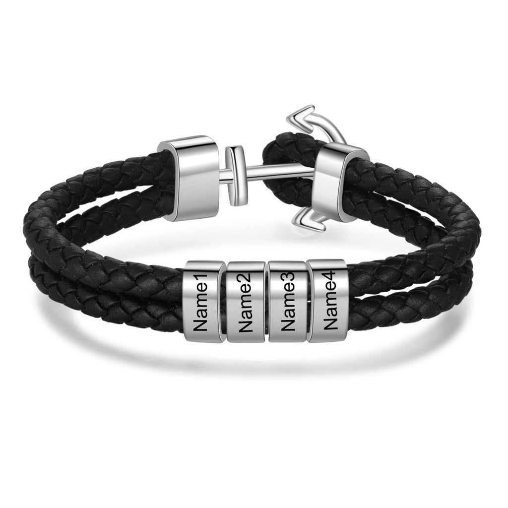 Engraved leather bracelet, personalized name tags, anchor clasp, stainless steel, 21cm, 23.6g, nautical gift for him.