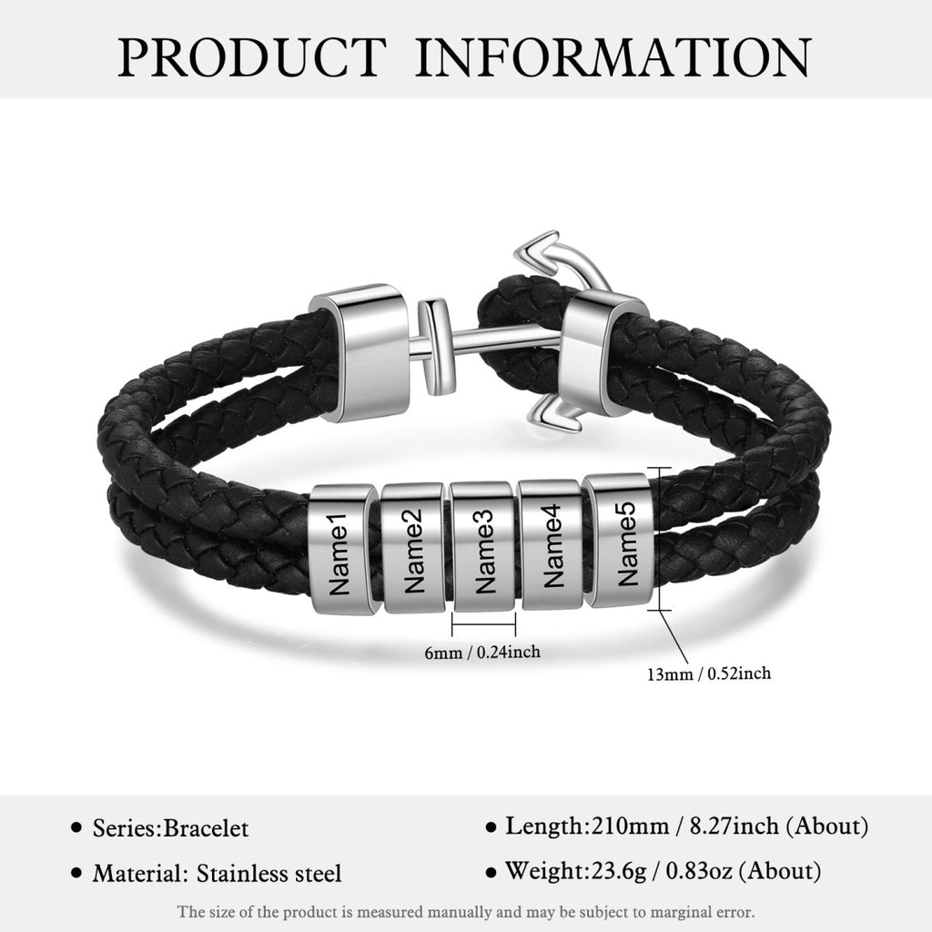 Engraved leather bracelet, personalized name tags, anchor clasp, stainless steel, 21cm, 23.6g, nautical gift for him.