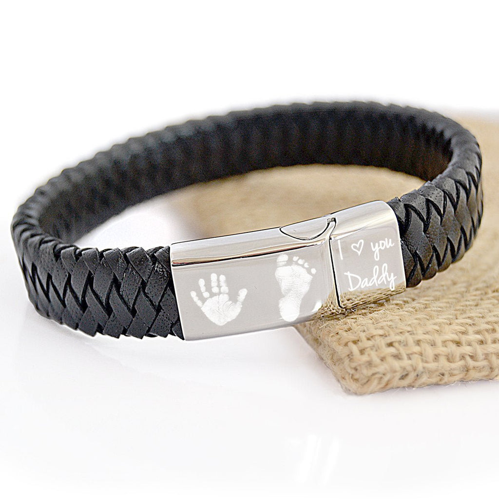 Engraved Message Black Leather Bracelet with Stainless Steel Clasp Father's day gift - Engraved Memories