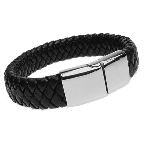 Men's black leather bracelet, 316L stainless steel clasp, engraved gift for Dad, 20-22cm, stylish keepsake.
