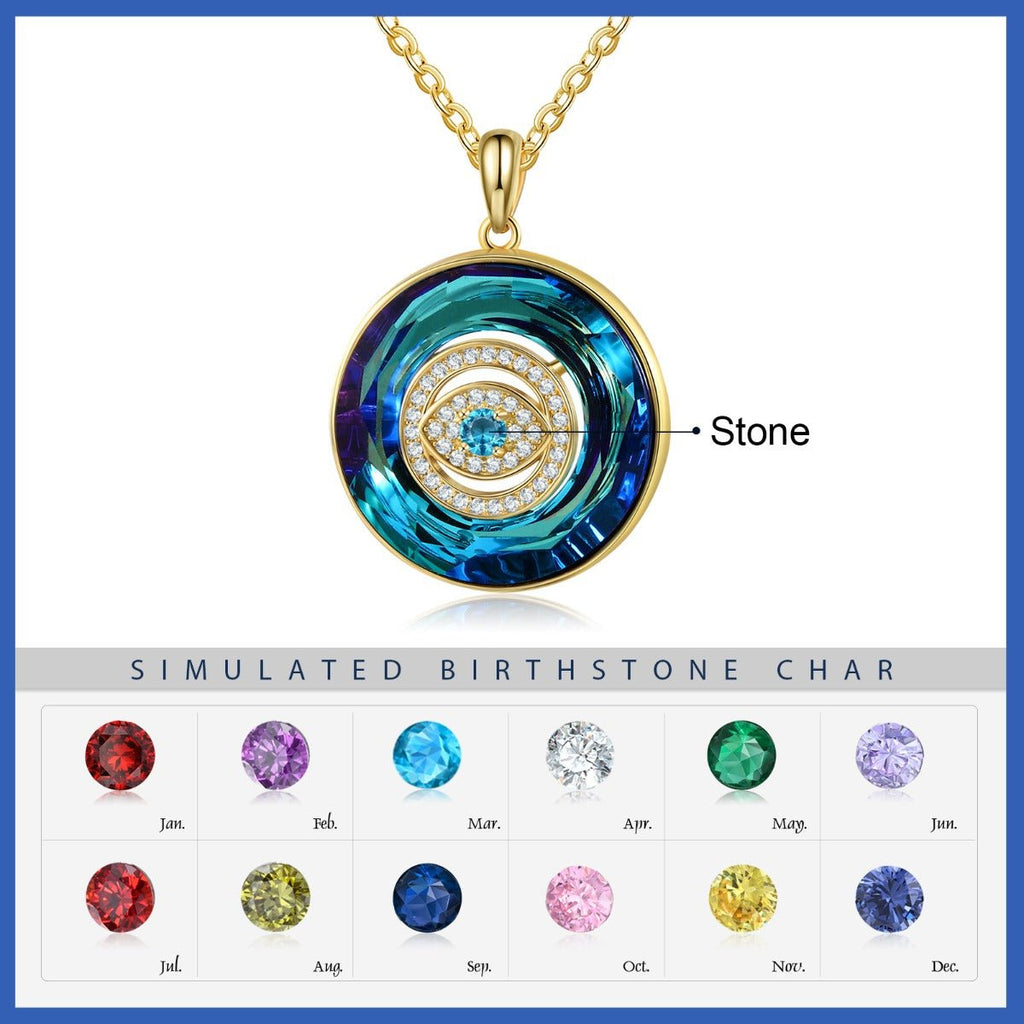 Evil Eye Pendant Necklace, Personalised Birthstone Gold Plated Pendant with Chain, Round Protection Amulet - Engraved Memories