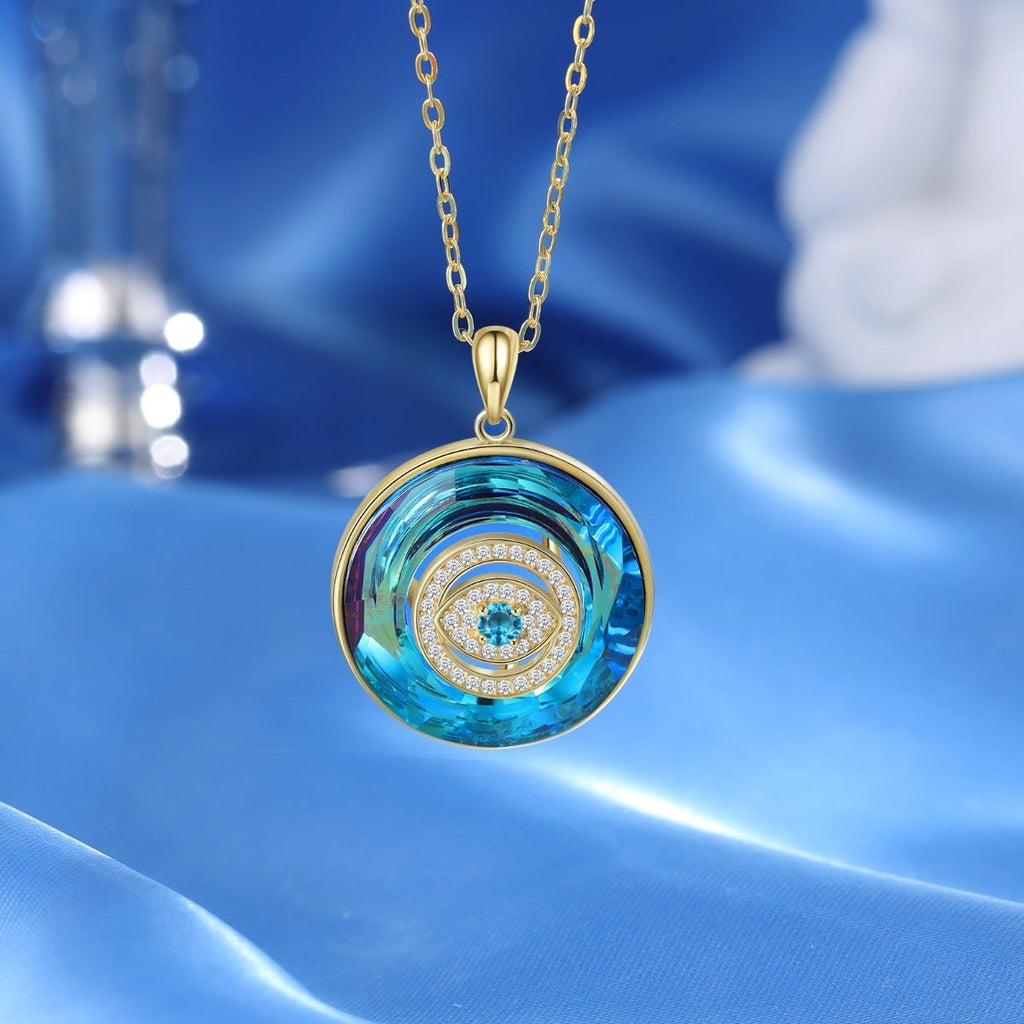 Gold-plated evil eye pendant necklace, personalized birthstone, 45+5cm chain, 5.9g, protection amulet.