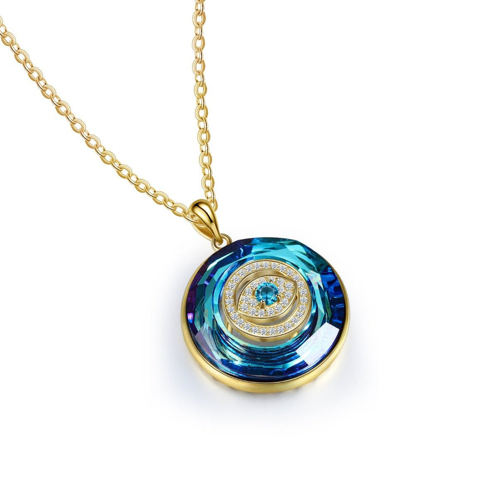 Evil Eye Pendant Necklace, Personalised Birthstone Gold Plated Pendant with Chain, Round Protection Amulet - Engraved Memories