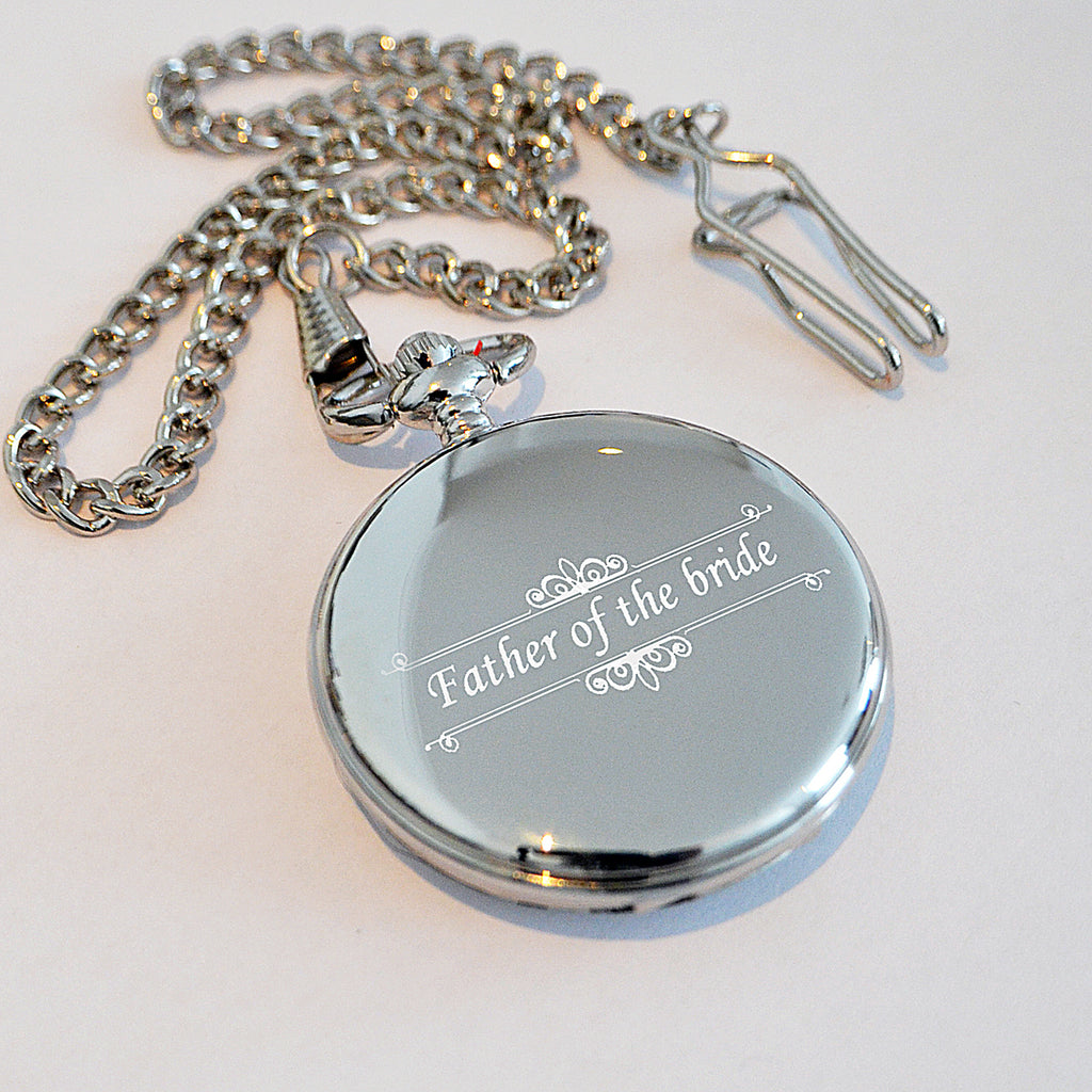 Elegant personalised silver pocket watch, perfect for weddings and special occasions, engravable on both sides with custom messages.