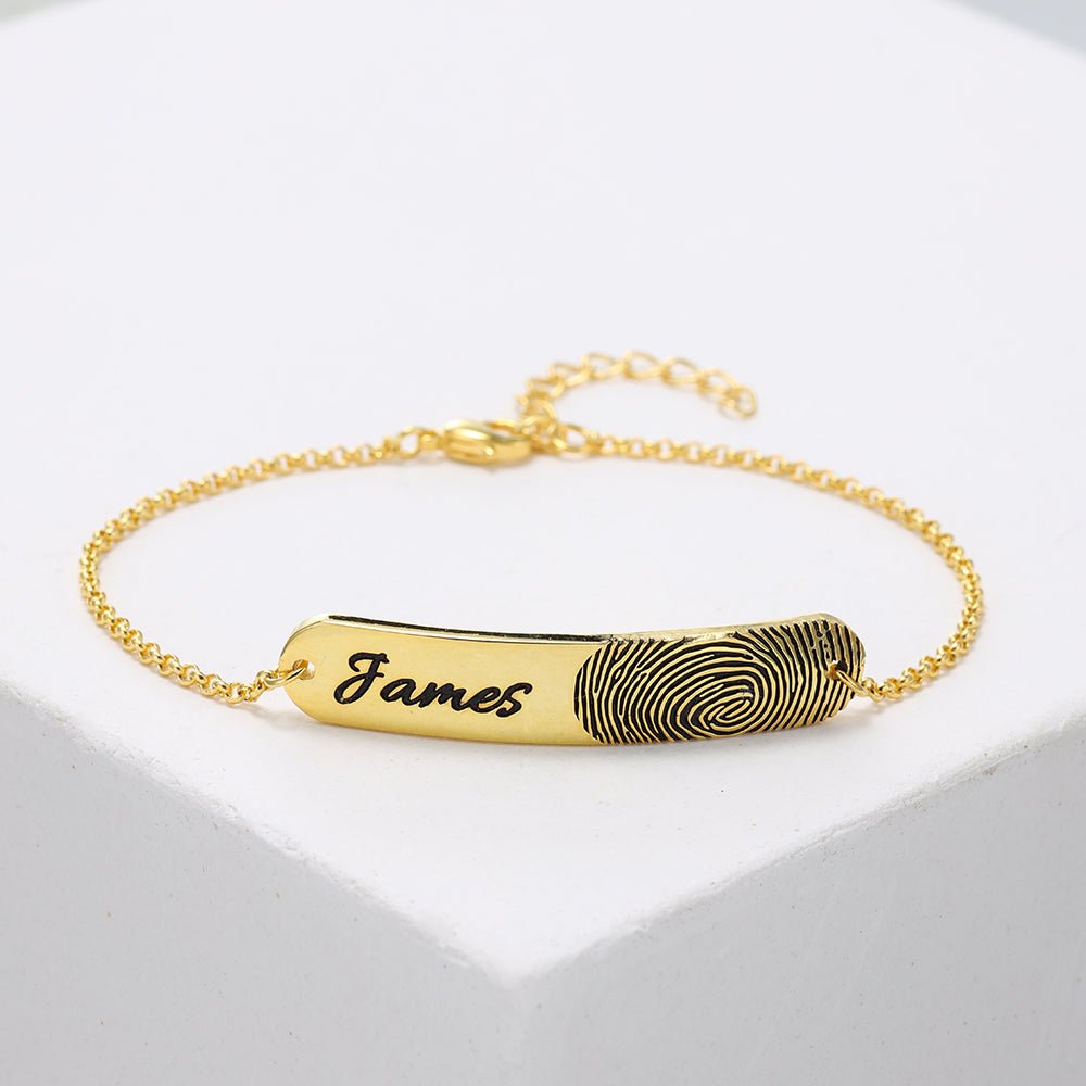 Personalized fingerprint bracelet, 925 sterling silver, bar size 6x40mm, 15g, available in white, gold, or rose gold plating.