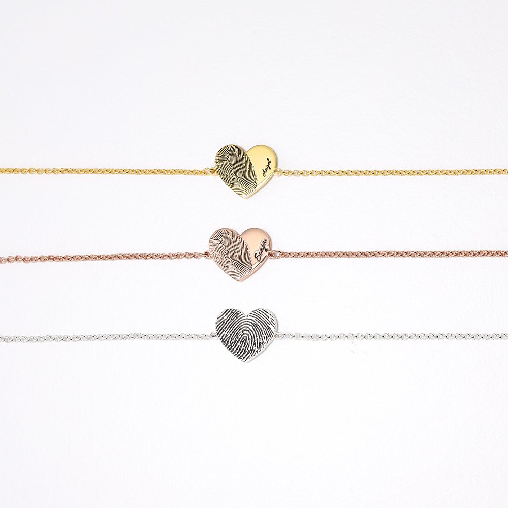 Personalized sterling silver fingerprint bracelet with heart or disc design, adjustable 18+5cm, 4g, available in white, gold, or rose gold plating.