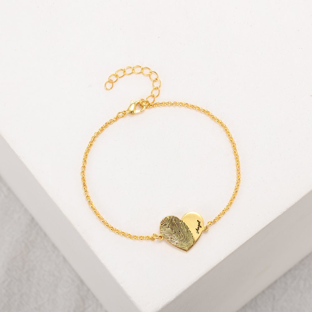 Personalized sterling silver fingerprint bracelet with heart or disc design, adjustable 18+5cm, 4g, available in white, gold, or rose gold plating.
