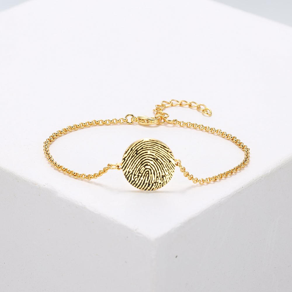 Personalized sterling silver fingerprint bracelet with heart or disc design, adjustable 18+5cm, 4g, available in white, gold, or rose gold plating.