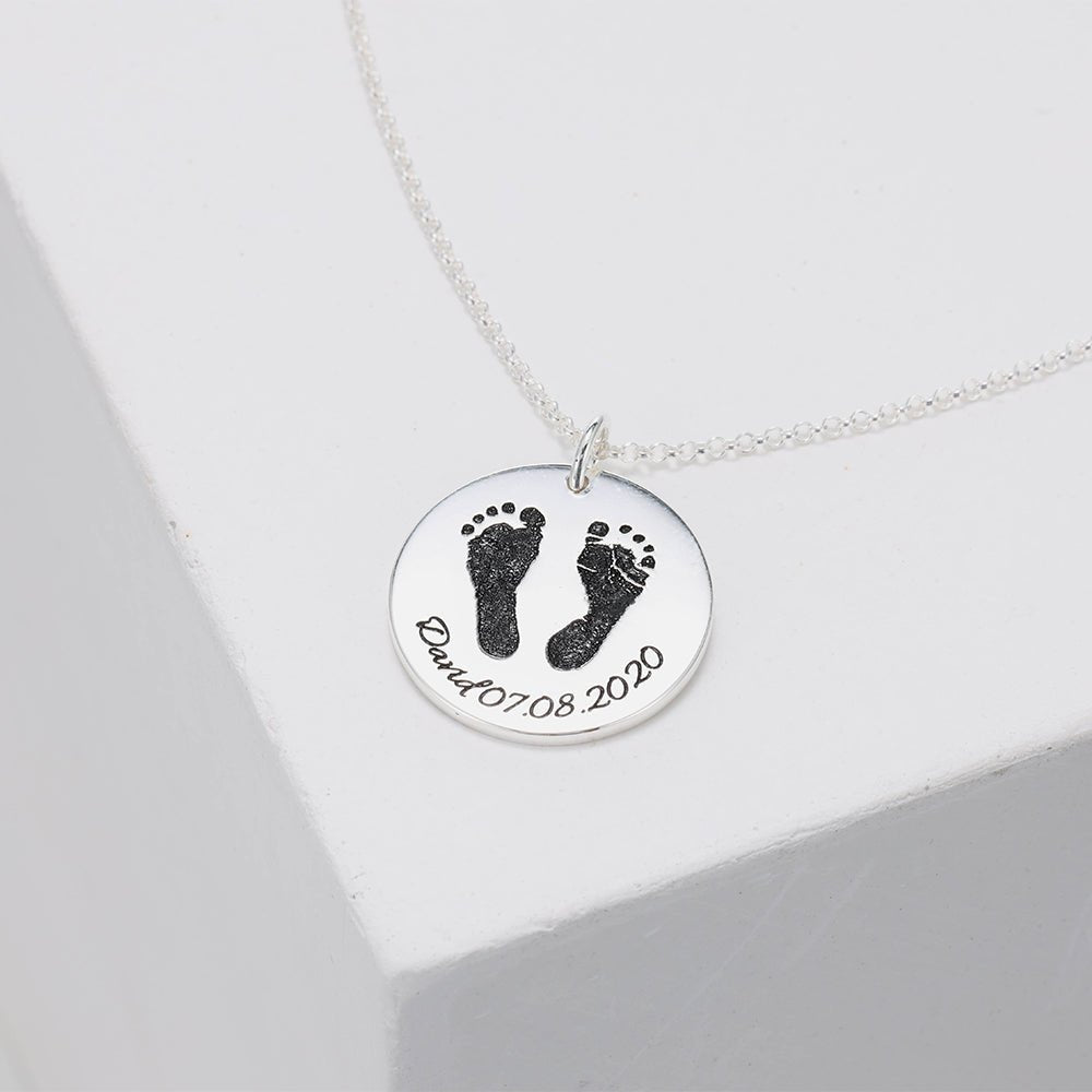 Personalized fingerprint/footprints necklace, 22mm sterling silver disc pendant, 16-22 inch, 5.2g.